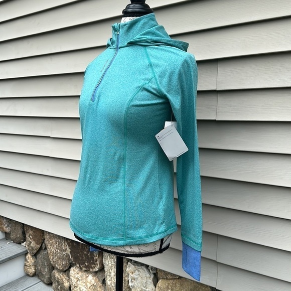 Reebok Green Heather Hooded 1/4 Zip Slim Long-sleeve Performance Top - Picture 3 of 16